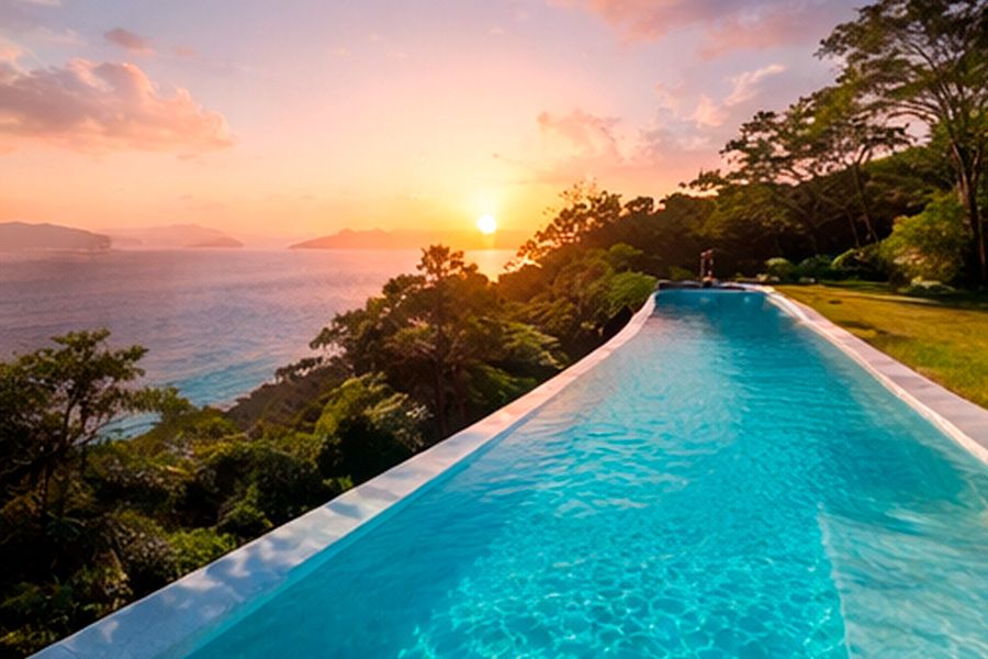 Piscina infinity al atardecer con sistema de cloración salina Innowater